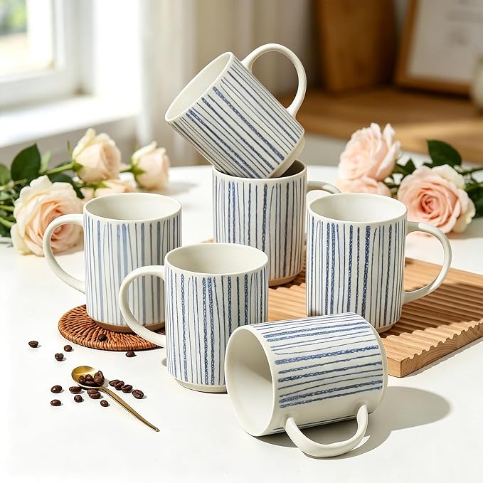 Coffee Mugs Set of 6, 17oz Ceramic Mugs with Handpainted Blue Gray Stripe Pattern, Modern Stackable Coffee Cups, Dishwasher and Microwave Safe Mugs for Home & Office (Vertical Stripes)