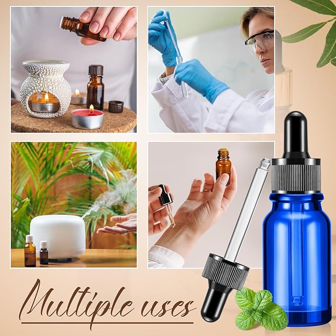 Lallisa 100 Pack Essential Oil Dropper Bottle 15 ml (1/2 Oz) Glass Dropper Bottles DIY for DIY Essential Oil Perfume with 5 Funnels 5 Pipettes 3ml 100 Labels for Bathrooms, Hotels, Labs (Blue)