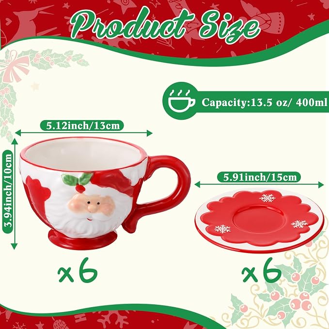 Sieral 6 Sets Christmas Santa Cups and Saucers Ceramic Beverage Drinking Mugs Red Espresso Santa Christmas Coffee Mugs for Cafe Tea Kitchen Holiday Decorations(Snowflake Style)