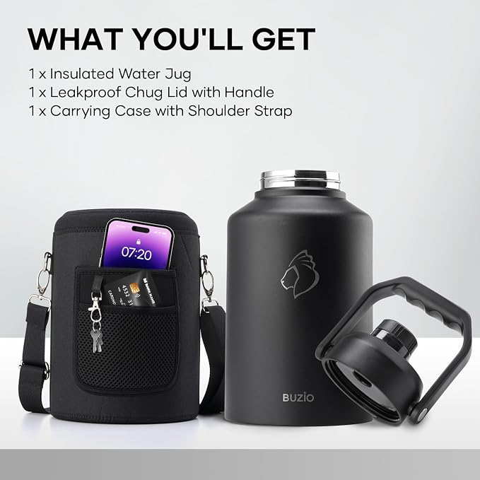 BUZIO 1 Gallon Water Bottle Insulated, (Cold for 48 Hrs) 3.58in Big Wide Mouth Leak Proof, 128oz Large Water Jug Stainless Steel Metal Flask with Handle for Camping,Outdoor Work,Travel,Hiking, Black