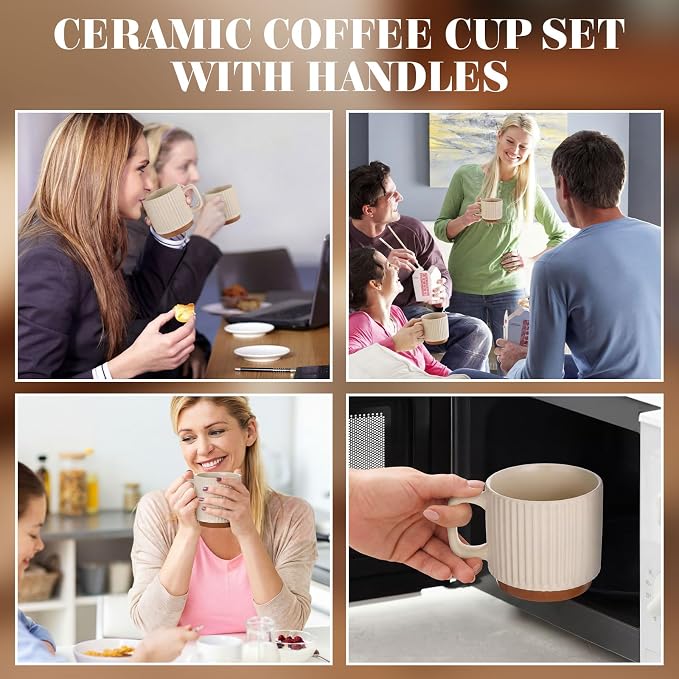 6 Set Ceramic Coffee Mugs with Gold Spoons, 8.8 oz Textured Ribbed Coffee Cups for Latte & Cappuccino, Modern Farmhouse Tea Mugs with Handle, Dishwasher & Microwave Safe(Beige)