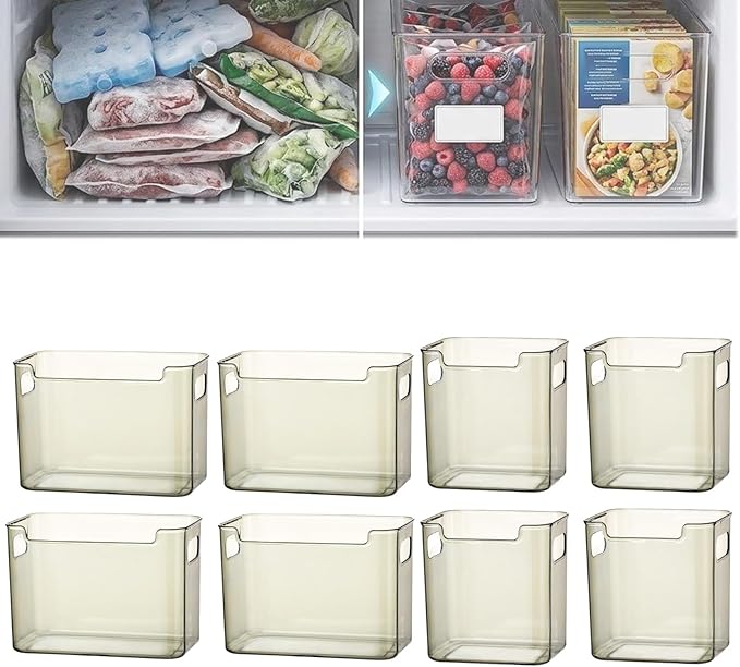 Crystal Clear Freezer Storage Bins, Stackable Fridge Organizer Bins with Handles, Clear Plastic Food Containers for Refrigerator and Pantry, Kitchen Organization for Meat & Veggies (Green*8, S+L)