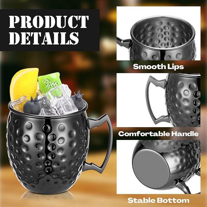 Hoolerry 12 Pcs Moscow Mule Mugs Bulk Black Stainless Steel Moscow Copper Plating Cups with Handle 12 oz Hammered Finish Cup for Chilled Drinks Coffee Wine Cocktail Wedding Birthday Gift