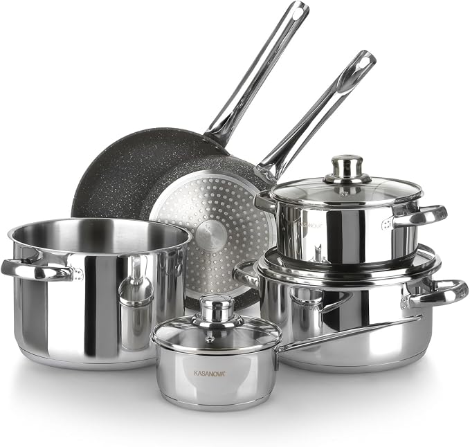 KASANOVA Grand Family 9Pcs Cookware set, Stainless steel pots, Nonstick aluminum frying pans, PFOA-free, Induction safe, Oven-safe up to 356°F