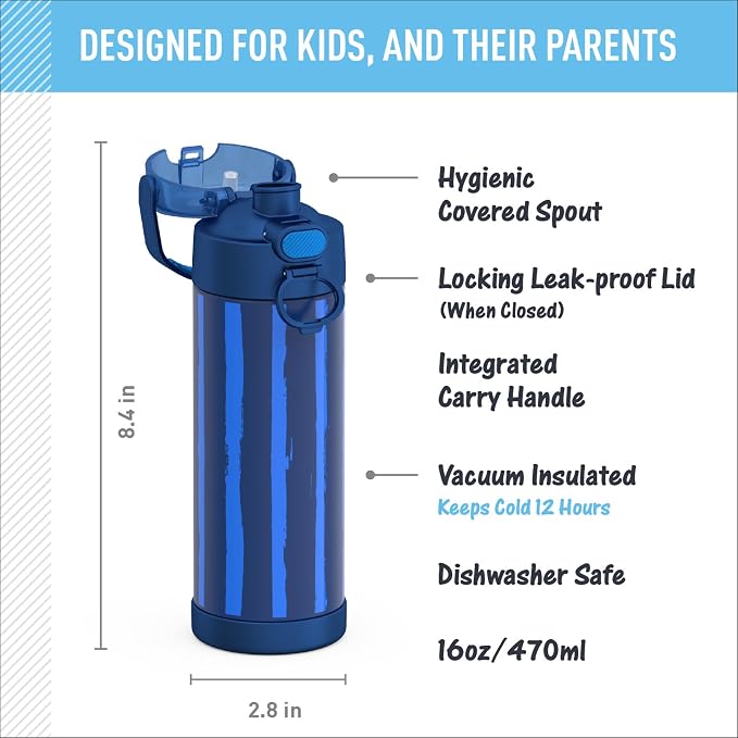 THERMOS FUNTAINER 16 Ounce Stainless Steel Vacuum Insulated Bottle with Wide Spout Lid, Nautical Stripes