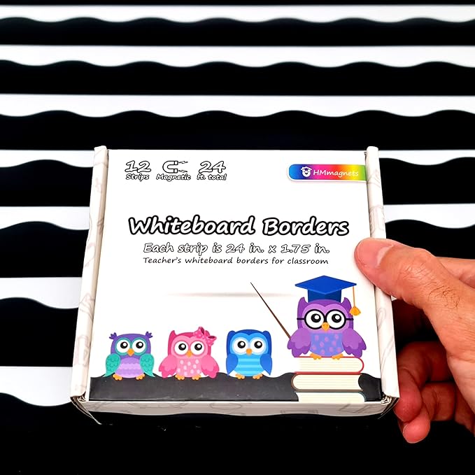 Strong & Wide Magnetic Borders for Classroom Whiteboard - Visible Magnetic Strips for Teachers (4 Designs Available) | Wavy Plain - Black | 12 Strips of 24X1.75 Inch - 24 Feet Total