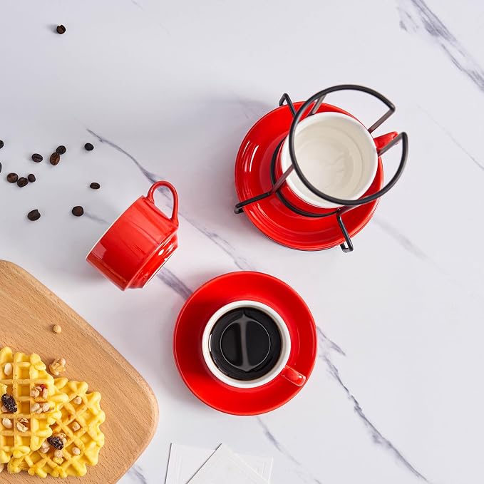 YOLIFE 2.5oz Espresso Cups Set of 4, Porcelain Stackable Espresso Cups, Expresso Shots Cup Set with Saucers and Metal Stand-Red