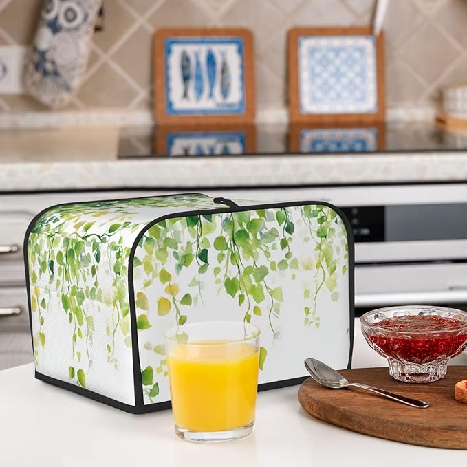 4 Slice Toaster Cover for Kitchen Watercolor Botanical Leaf Boho aterproof and Dustproof Toaster Dust Cover with Side Pockets Decorative Universal Cover for Wide Slot Toasters and Small Appliances