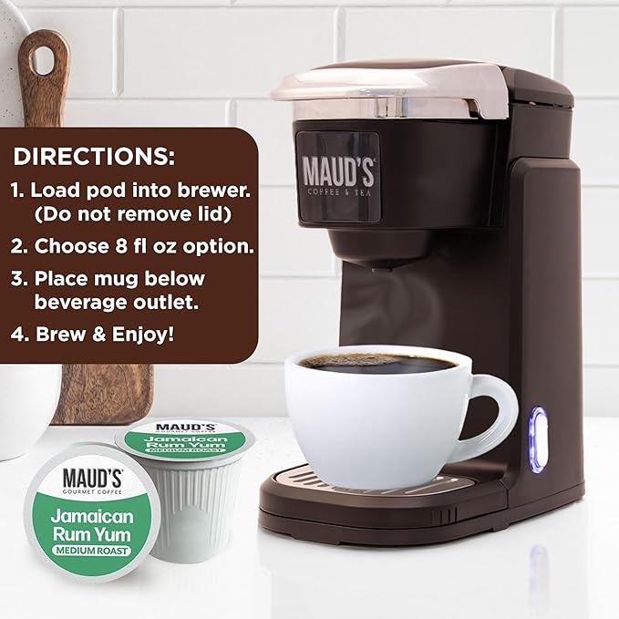 Maud's Jamaican Rum Yum Flavored Coffee Pods, 18 ct, Medium Roast Flavored Coffee in Single Serve Pods – 100% Arabica Beans, Compatible with Keurig K Cups Maker