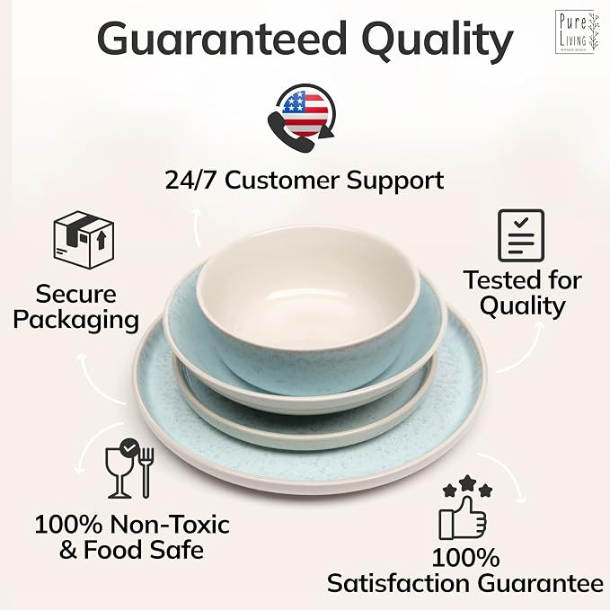 Stoneware dinnerware set 4 persons 16 pcs – Modern style plates and bowls set ceramic – Dishwasher, microwave and scratch resistant – Bowl and plate set – Dinner service Pure Living beige & light blue