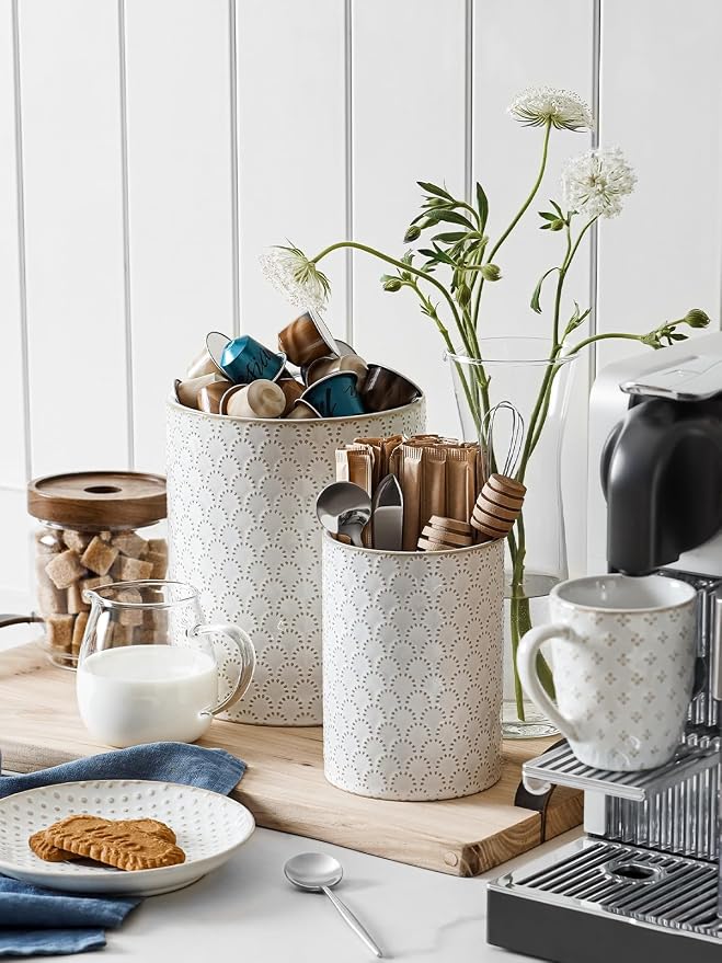 LE TAUCI Kitchen Utensil Holder for Countertop - 7.1"+5.4" Ceramic Utensil Crock Set of 2, Large Cooking Utensil Organizer for Spatula, Spoon, Whisk - Farmhouse Storage, Embossed, Fireworks