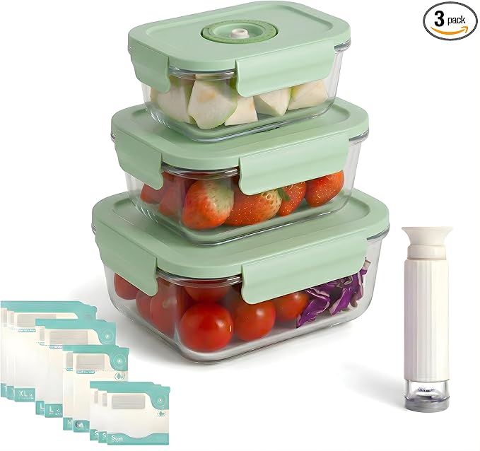 Glass Vacuum Sealable Container Set, 3 Rectangular Containers, 10 Bags, Hand Pump