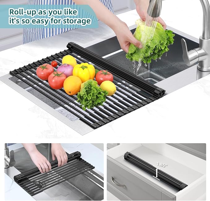 Ohuhu Over The Sink Dish Drainer Drying Rack, 17.6" W x 15.4" L Roll Up Dish Racks Kitchen Sink Organizer Silicone Wrapped Large in Sink Dish Drying Rack Foldable Rolling Drain Mats Anti-Slip