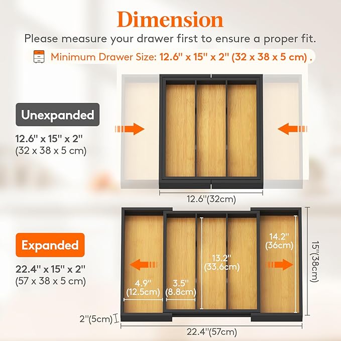 Lifewit Silverware and Cooking Utensil Drawer Organizer Set – Expandable Adjustable Bamboo Storage for Cutlery, Flatware, Spoons, Forks, Knives, and Kitchen Tools, BPA-Free, Natural and Black