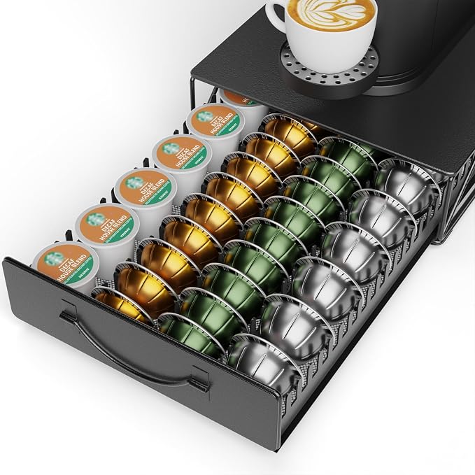 HFHOME Coffee Pod Holder Drawer Compatible with Nespresso - 48 Small or 24 Large VertuoLine Pods - Coffee Capsule Storage Organizer for Vertuo - Coffee Capsule Holder for Home Kitchen