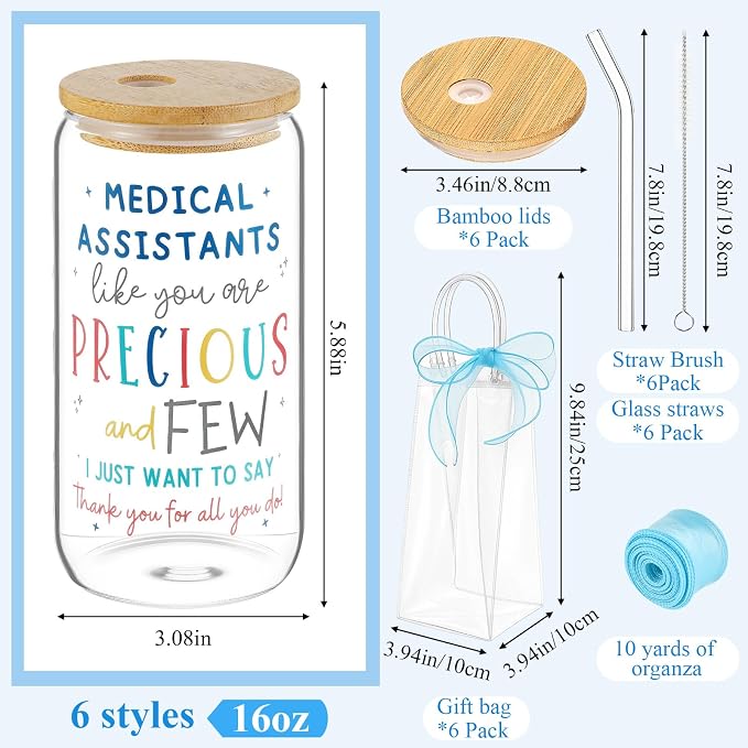 Mumufy 6 Sets Medical Assistants Glass Cups with Clear Gift Bag 16 oz Reusable blue Iced Coffee Mugs Aesthetic Cute Tumbler with Lids and Straws, Gifts for Girls Women Bridesmaid