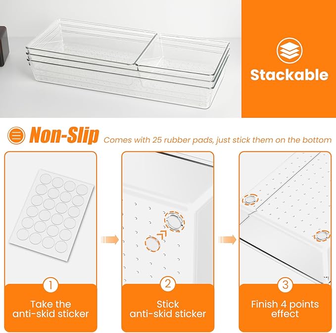 Criusia 18 Pcs Large Size Clear Drawer Organizer Set, Acrylic Non Slip Non Cracking Kitchen Drawer Storage Tray Divider, Multifunctional Storage for Cosmetics, Bathroom, Tools, Kitchen and Office