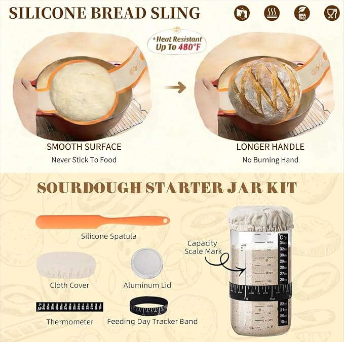 Sourdough Bread Baking Supplies, Sourdough Starter Kit, Banneton Bread Proofing Basket Tools Set, Ideal Gifts for Bakers Women Mom Wife