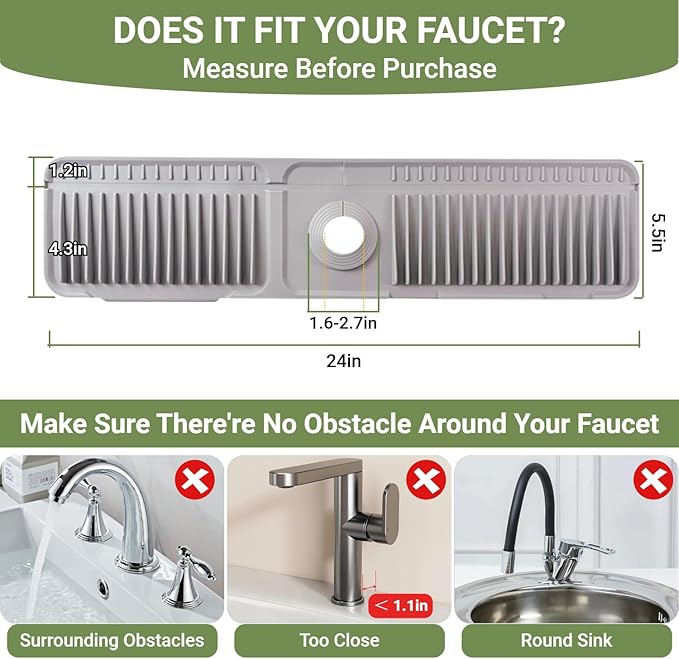 Faucet Mat for Kitchen Sink, 24 Inch Longer Silicone Sink Faucet Mat Splash Guard, 7° Slope Fast Self-draining, Bathroom Countertop Protectors to Catch Spills, Foldable & Snap Lock Fit (Gray)