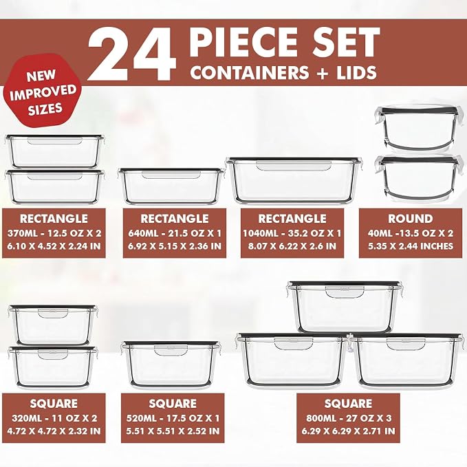 Razab 24 Pc Airtight Glass Food Storage Containers - Glass Meal Prep Containers - Freezer to Oven Safe - Steam Release Valve BPA Free - Airtight Bento Boxes - Leak Proof (12 lids & 12 Containers)