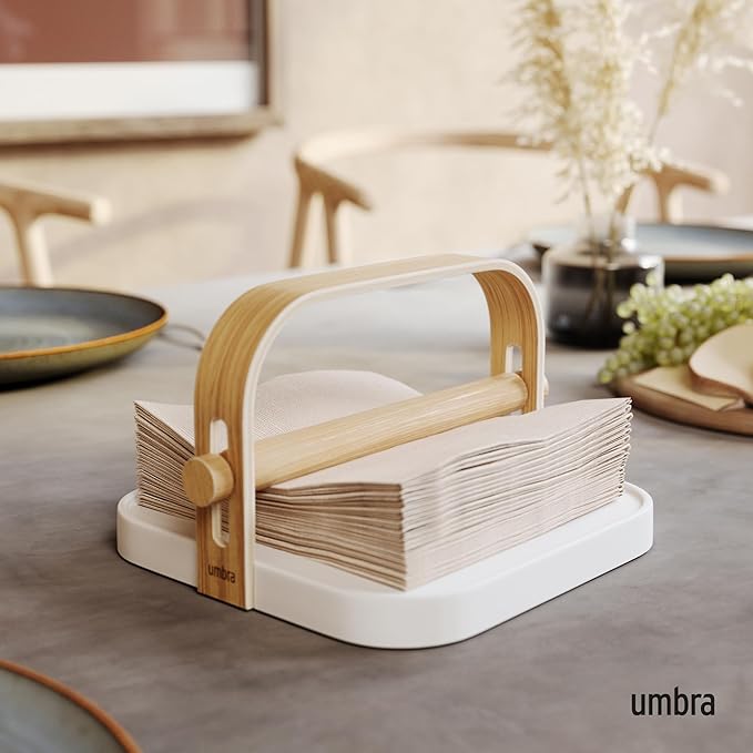Umbra Bellwood Napkin Holder with Weight and Carrying Handle, White/Natural
