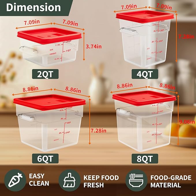 4 Quart Set of 4 Food Storage Containers,Commercial Clear Square Food Storage Containers with Lids and Handles(BPA FREE)