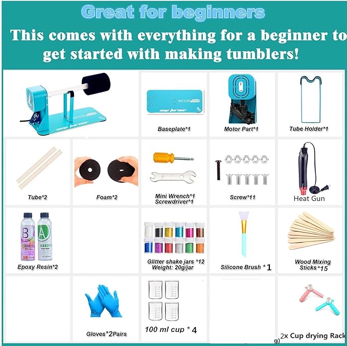 LFSUM Cup Turner Kit for Crafts Tumbler, Tumbler Cup Spinner, Glitter Powder, Epoxy Resin Kit for Beginners with Epoxy and Heat Gun (1X-Blue)