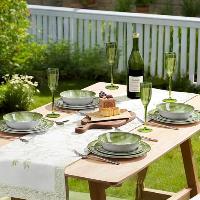 12-Piece Green Bunny Melamine Dinnerware Set，Garden Parties & Everyday Use | Lightweight Melamine Plate & Bowl Set for 4,Shatterproof Dishes Perfect for Family Gatherings & Stylish Dining Room Settings