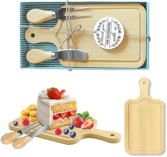 AZEAM 1 Set Baby Bridal Shower Prizes for Game Winners, Bamboo Mini Cheese Board Set with Knife Fork and Present Box, Small Charcuterie Board Bulk for Party Wedding Guests Present