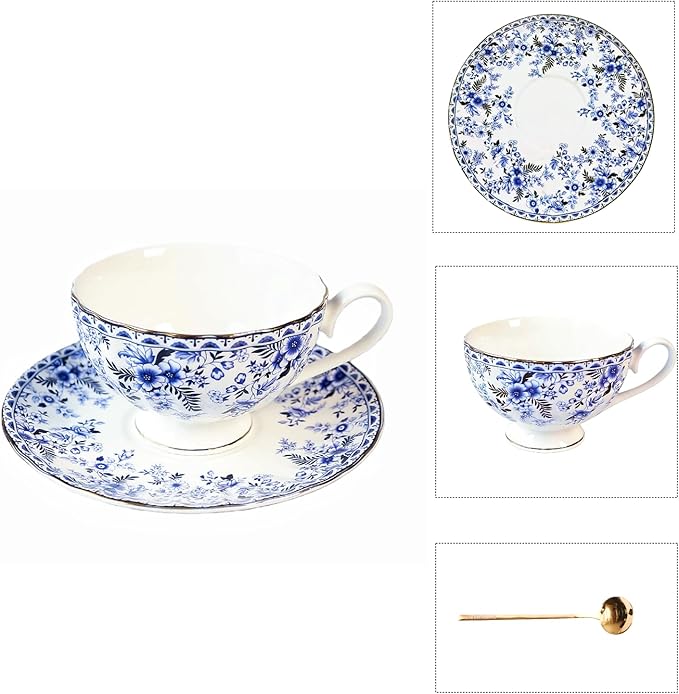 Vintage Floral Porcelain Tea Cup and Saucer Set with Gold Trim, Classic Blue Pattern Single Set