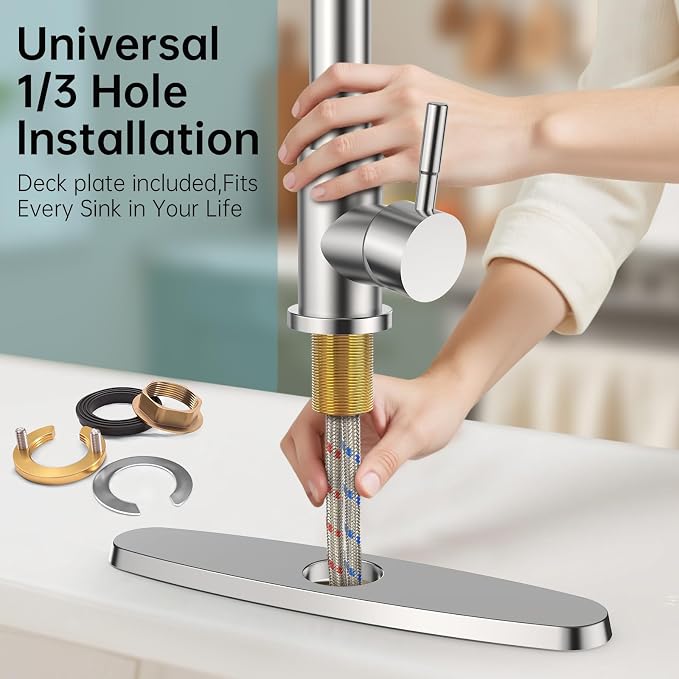 FEELSO Kitchen Faucet with Pull Down Sprayer, Single Handle Stainless Steel Pull Out Spring Kitchen Sink Faucets 1 Or 3 Hole Dual Function for Farmhouse Camper Laundry Utility Rv Wet Bar