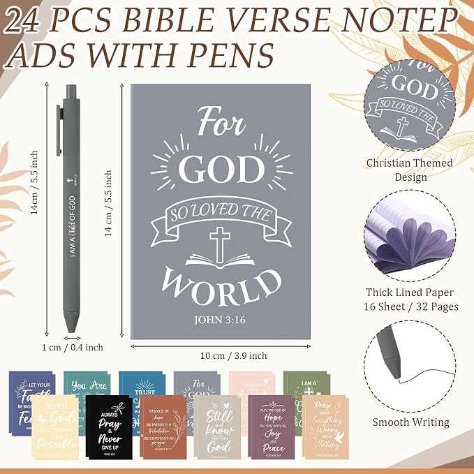 Feifeiya 72 Pcs/ 24 Set Christian Gifts Bulk 24 oz Bible Verse Plastic Tumbler with Lids and Straws Inspirational Prayer Notepads Religious Pen Church Cups Gift for Christian Christmas Party Favors