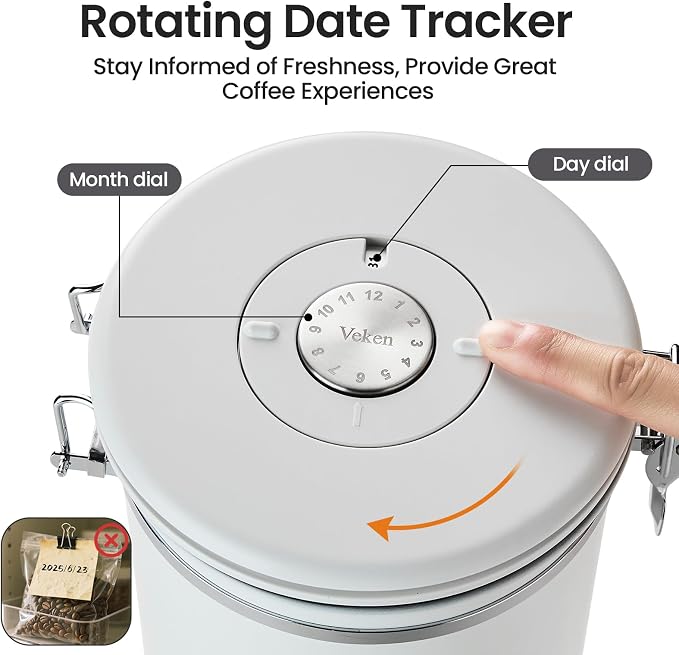 Veken Coffee Canister, 39OZ Large, Airtight Stainless Steel Food Storage Container for 2.2lbs Coffee Beans, Ground, Sugar, Tea, Flour, Cereal, Kitchen Bar Accessories with Date Tracker & Scoop, White