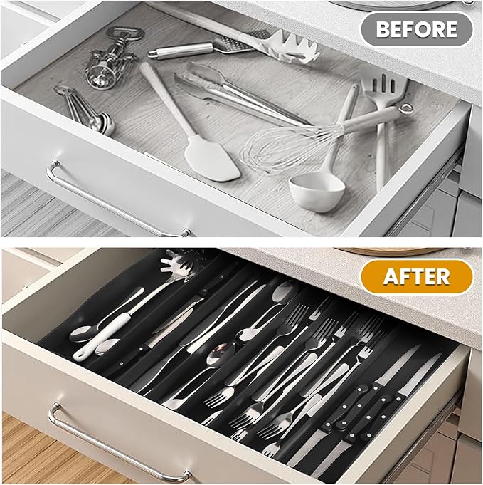 DEPOZA Silicone Silverware Drawer Organizer, Expandable Utensil Tray (3.9-22.4" W, 14.9" D, 1.9" H), 8-Compartment Cutlery Holder with Knife Section, BPA-Free, Non-Slip, Black