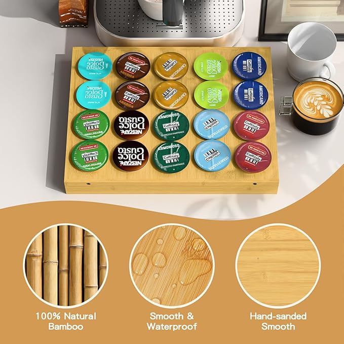 PEKER Bamboo Coffee Pod Drawer Organizer, Holder Tray for Coffee Station, Holds 20 Single-Serve Pods, Natural Bamboo Organizer for Kitchen Storage