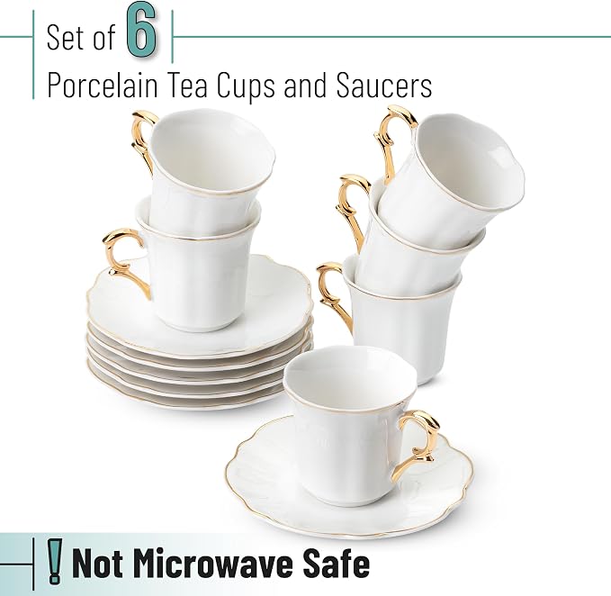 BTaT- Turkish Coffee Cup Set, 3 oz, 6 Set (12 pcs), Elegant White Cups & Saucers with Gold Trim & Gift Box, Small Porcelain Espresso Set for Serving Greek, Arabic & Turkish Coffee, Gift Giving