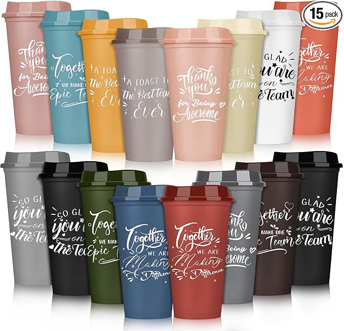 Pickmesh 15 Pcs Employee Appreciation Gifts Bulk 16 oz Plastic Tumblers with Lids Graduation Teacher Appreciation Gifts Reusable Coffee Cups for Staff Volunteer Coworker Team (Varicolored)