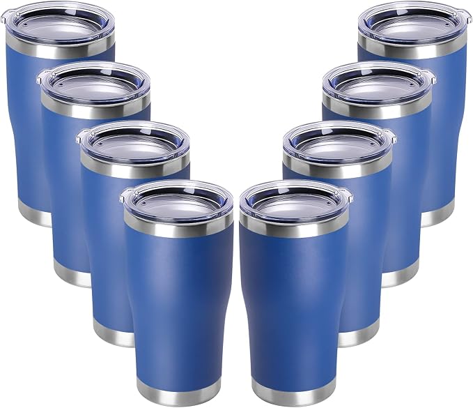 DOMICARE 20oz Tumbler with Lid Stainless Steel Tumblers Bulk, Double Wall Vacuum Insulated Coffee Travel Mug Powder Coated Tumbler, 8 Count (Pack of 1) Dark Blue