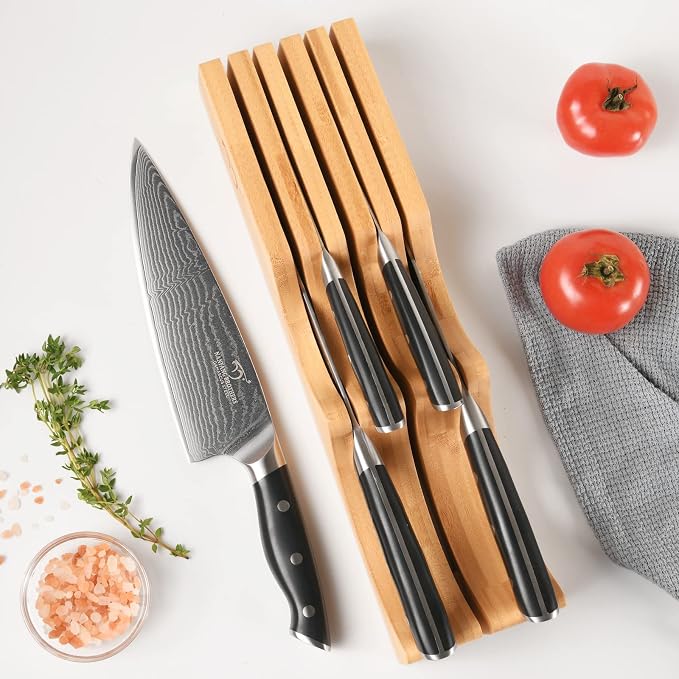 In-Drawer Knife Block with 5 Pieces Japanese Damascus Knives, Bamboo Knife Drawer Organizer with 67-Layer Damascus Steel, Perfect for Home and Chefs, Slots for 5 Knives Kitchen Drawer, Counter Top