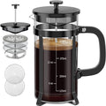 QUQIYSO French Press Coffee Maker 304 Stainless Steel French Press with 4 Filter, Heat Resistant Durable, Easy to Clean, Borosilicate Glass Coffee Press, 100% BPA Free Glass Teapot, 21 ounce, Black
