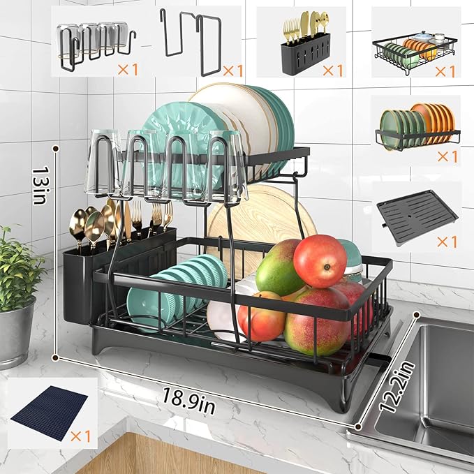Godboat Sponge Holder for Kitchen Sink, Dish Drying Rack with Auto-Drain, Dish Racks for Kitchen Counter, Glass Rack for 4 Cups, 360° Swivel Spout, Kitchen Sink Organizer with Brush Holder