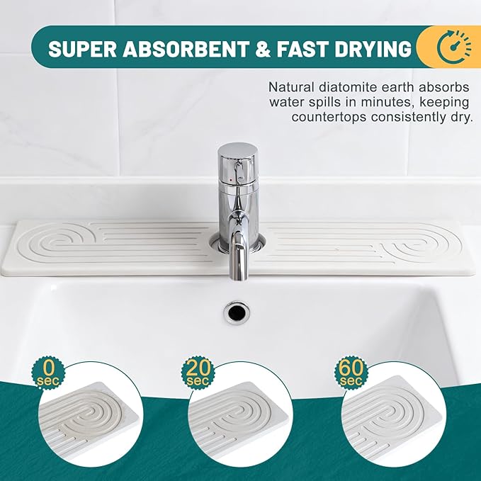 Hopegiver Stone Faucet Mat for Kitchen Sink - Fast Drying Diatomite Sink Protector Prevent Moisture, Super Water Absorbing Stone Tray for Kitchen & Bathroom Counter (White, 23.6"x5.1")
