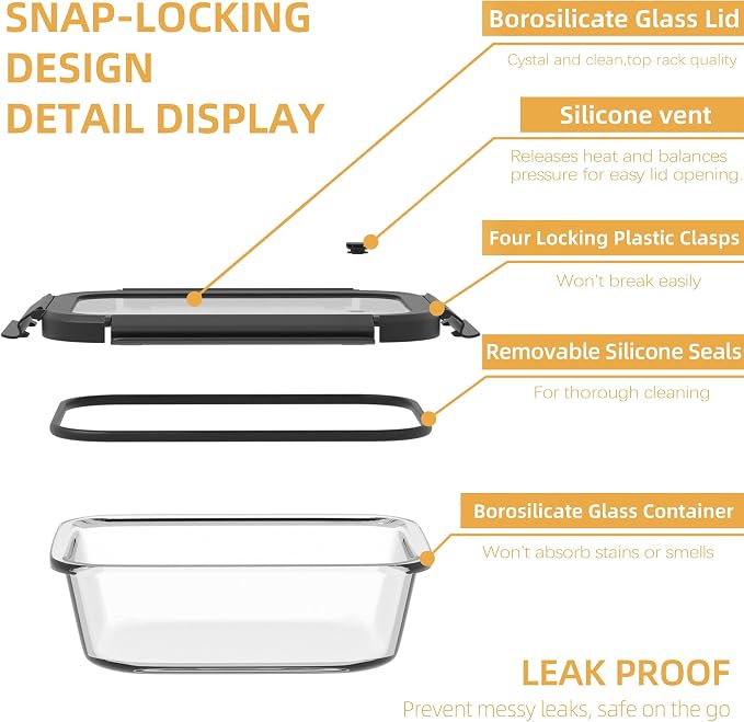 BYLWORKOUT Glass Meal Prep Containers 3 Pack | Borosilicate Food Storage Containers with Airtight Leak-Proof Vented Lids | Microwave, Oven, Freezer & Dishwasher Safe Glass Lunch Boxes for Kitchen