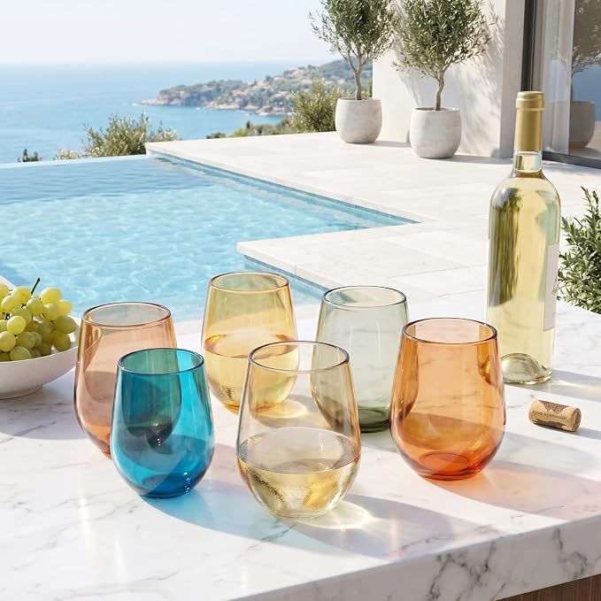 Khen European Style Shatterproof Tritan Stemless Wine Glasses, Acrylic Glass Drinkware, Unbreakable Colored, 12- Set - BPA-free plastic, Reusable, Dishwasher Safe, All Purpose Glassware 15oz - (Muted)