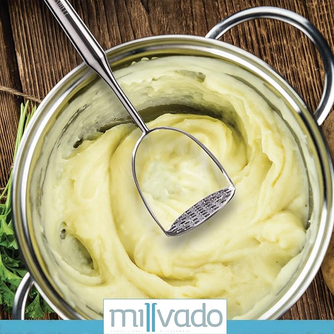 Millvado Potato Masher Stainless Steel, Best Mashed Potatoes Masher Kitchen Tool, Potato Smasher For Potatoe, Avocado, Sweet Potato, Beans, Large Heavy Duty Metal Mashing Utensil, 12.5 Inch