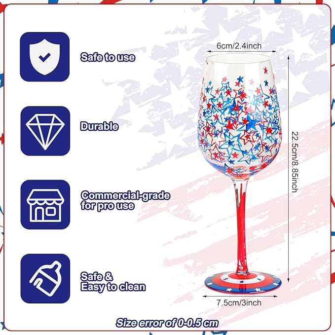 SiliFine 2 Pcs Independence Day 4th of July Party Stemmed Wine Glasses Hand Painted USA American Flag Star Drinking Cup Wine Glasses Gifts for Patriotic Theme Holiday Supplies