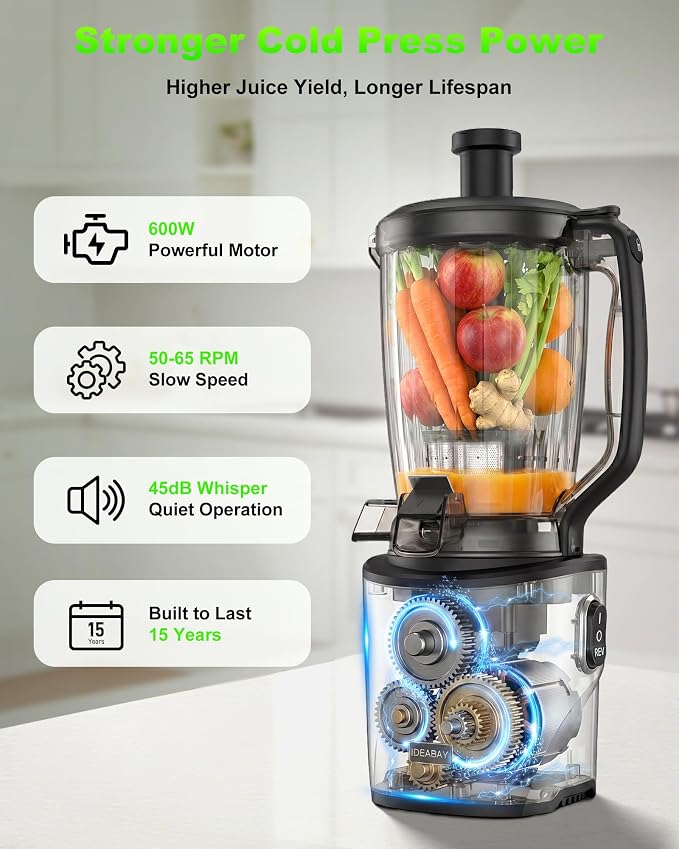Cold Press Juicer 2026 Upgrade 6.5" Wide Feed Chute Masticating Juicer | 2.95L Large Capacity Slow Juicer for Whole Fruits & Vegetables, High Juice Yield, Easy Clean, BPA Free for Family