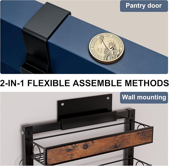 9 Tier Over the Door Pantry Organizer 2 IN 1 Hanging or Wall Mounted Spice Rack with Adjustable Basket,Heavy Duty Seasonning Storage Shelf for Kitchen Pantry and Bathroom Black