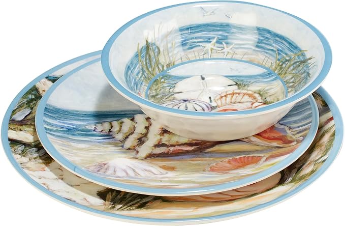 Seacoast Melamine 12 Piece Dinnerware Set – Coastal Beach-Themed Plates and Bowls, Service for 4 with Shell and Ocean Art, Break-Resistant BPA-Free Reusable Dinnerware, Dishwasher Safe Indoor/Outdoor
