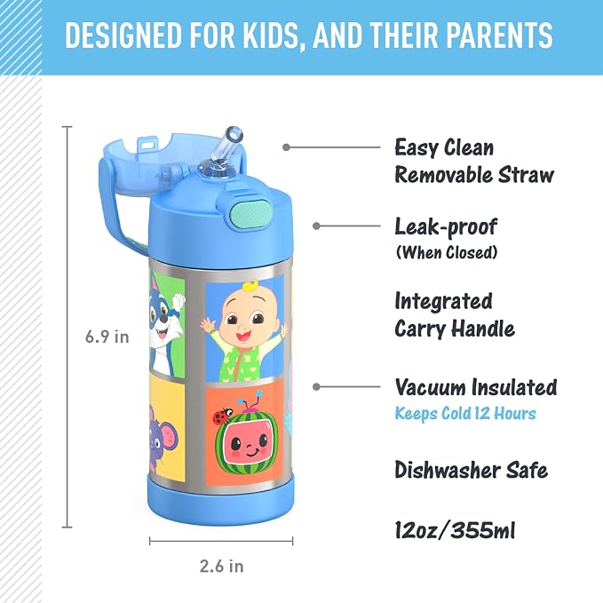 THERMOS FUNTAINER Water Bottle with Straw - 12 Ounce - Kids Stainless Steel Vacuum Insulated Water Bottle with Lid, Cocomelon